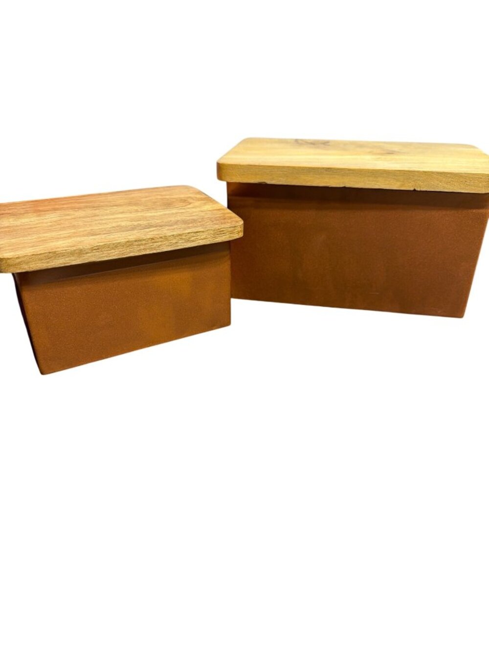 Creative Co-op Metal Copper Tone Storage Boxes Wood Lids Set of 2 Nesting NWOT